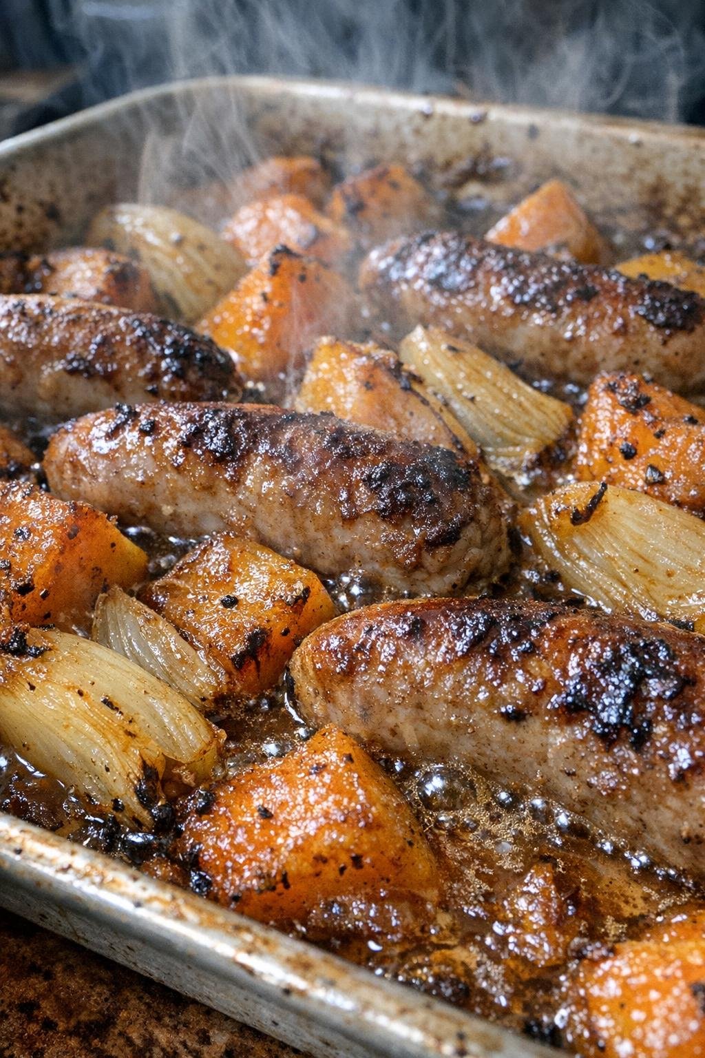 Caramelized autumn supper bubbling in a metal baking sheet