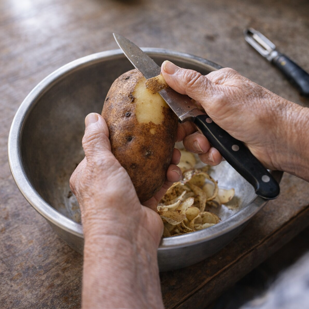 Hands peeling a potato after removing small sprouts