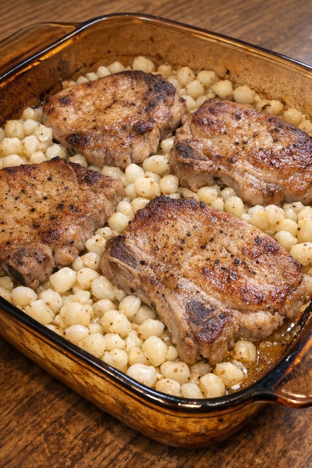 Golden browned pork chops with white hominy in an amber casserole dish