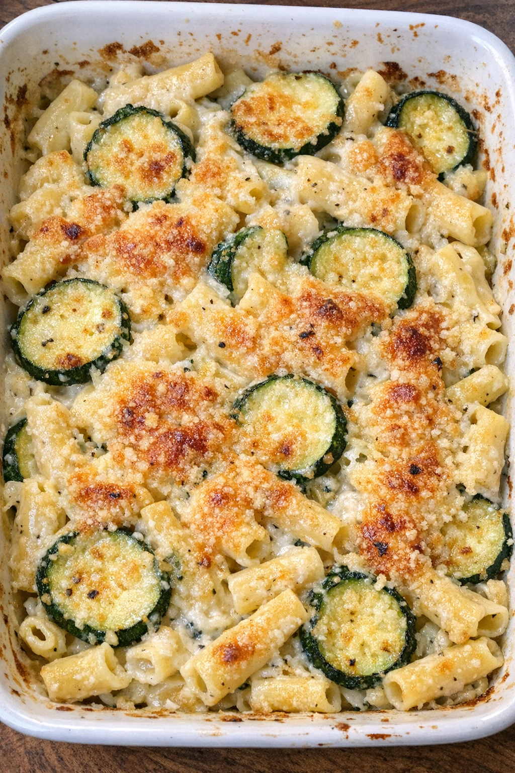 Creamy baked zucchini ziti in a rectangular baking dish