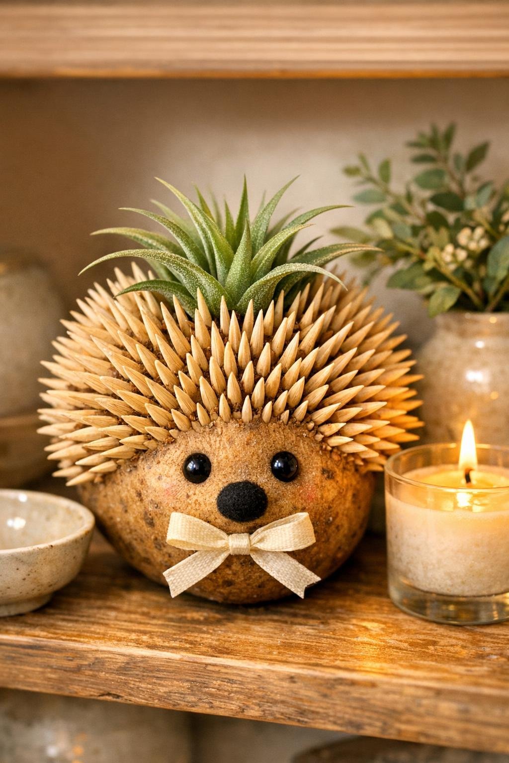 Finished toothpick hedgehog planter displayed on a shelf