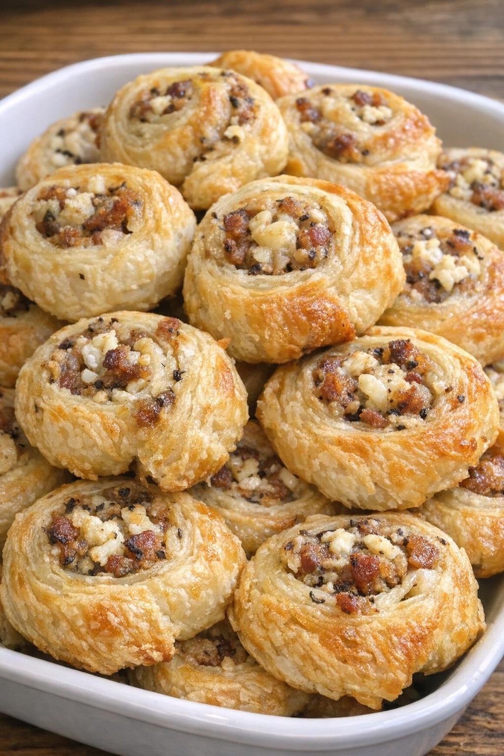Golden flaky stuffed pastry spirals piled in a serving dish