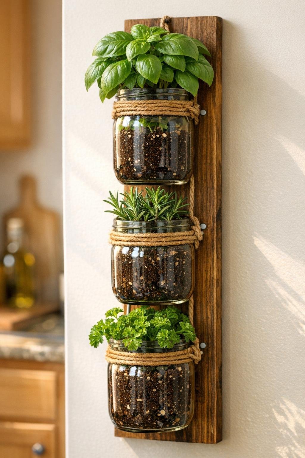 Finished three-jar hanging herb garden mounted on a wall