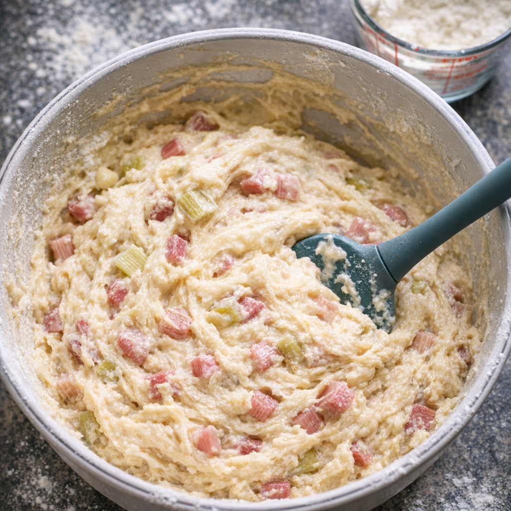 Rhubarb folded into thick loaf batter