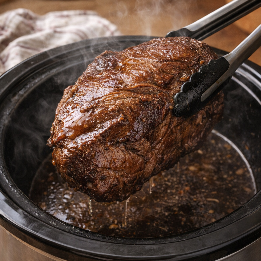 Cooked roast being lifted from rich au jus