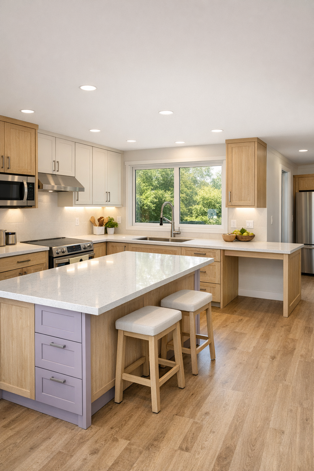 Accessible modern kitchen with pale oak cabinets, white quartz counters, and soft lavender details