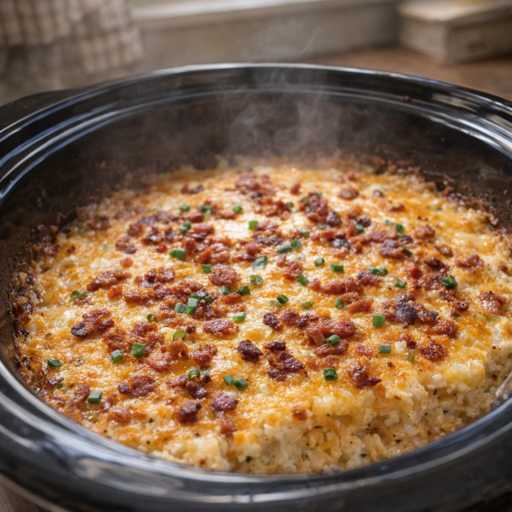 Finished potato bake bubbling in the slow cooker