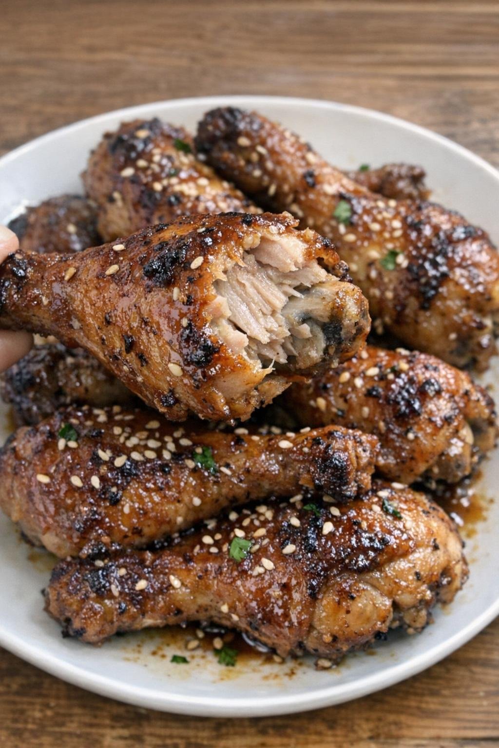 Sticky caramelized chicken drumsticks on a white plate
