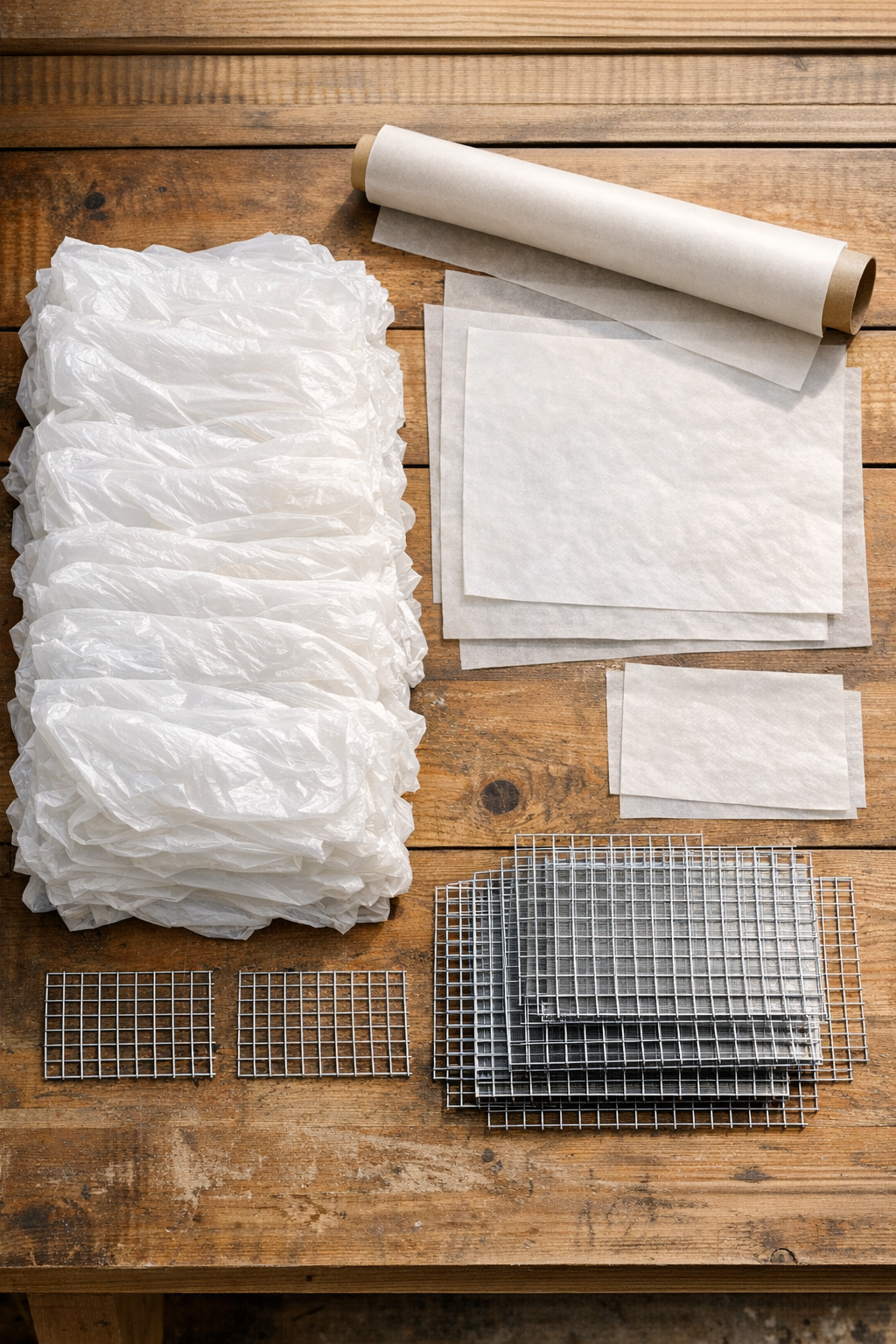 Plastic grocery bags, parchment paper, and wire mesh laid out for the project