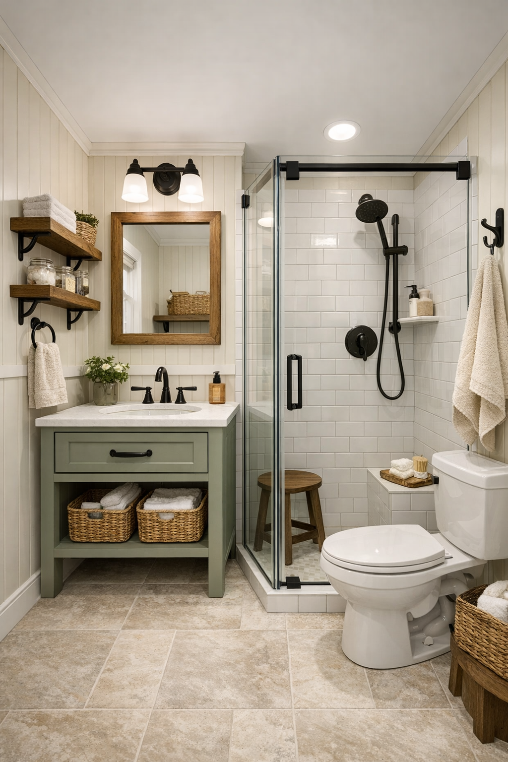 Bright tiny home bathroom with beadboard walls, compact vanity, and glass shower