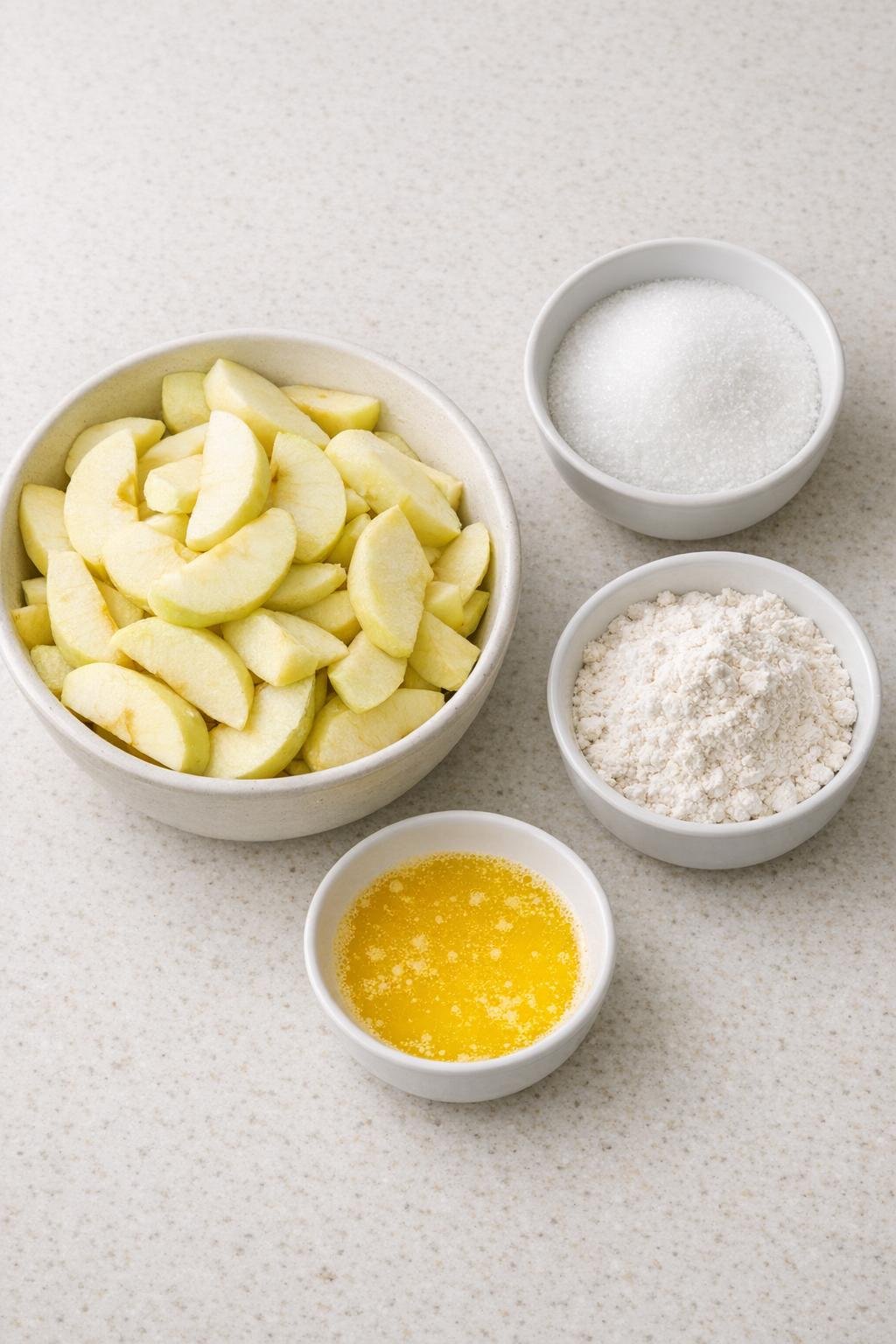Sliced apples, sugar, flour, and melted butter arranged on a kitchen counter