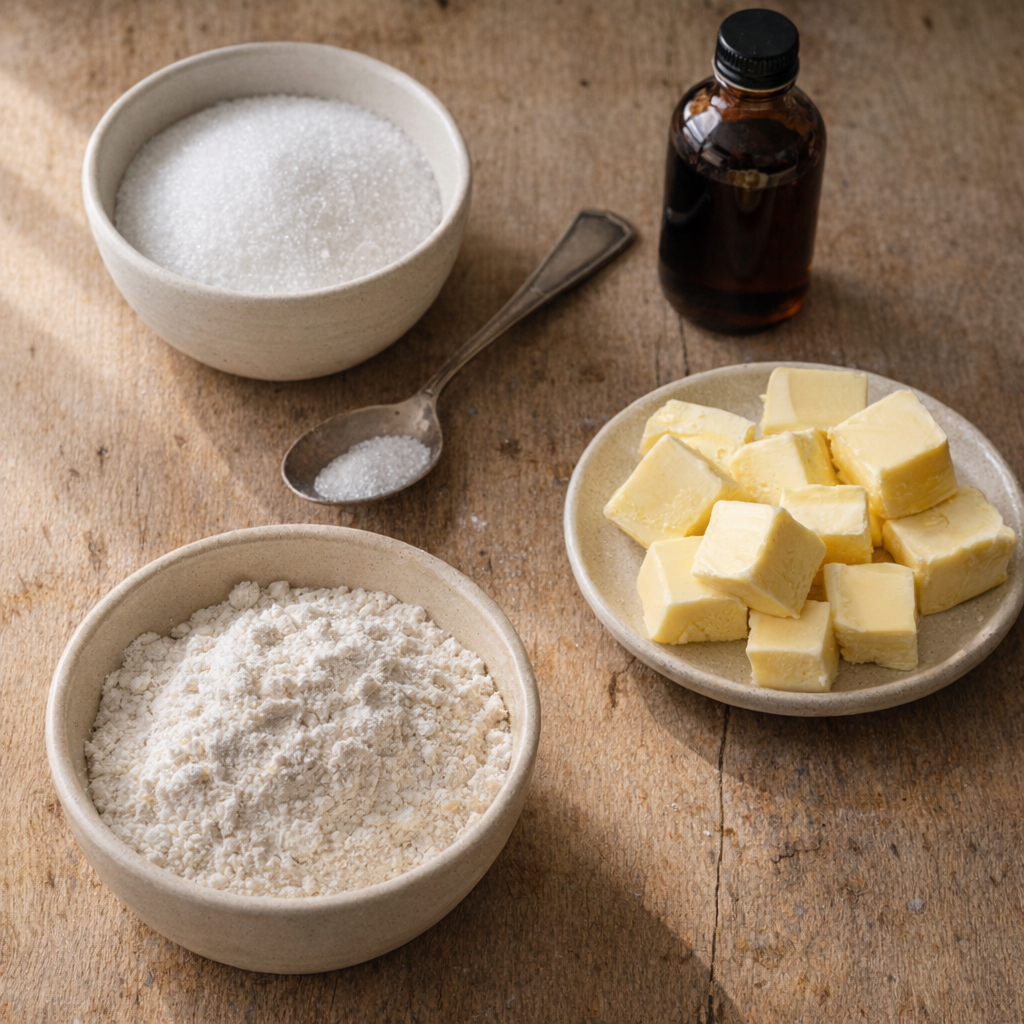 Vanilla and sugar beside cobbler ingredients on a kitchen table