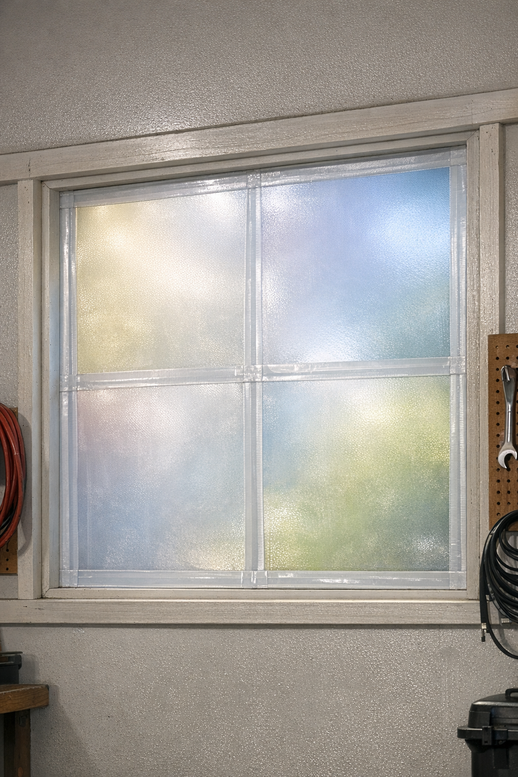 Finished DIY shatter-resistant garage window pane installed in a garage window
