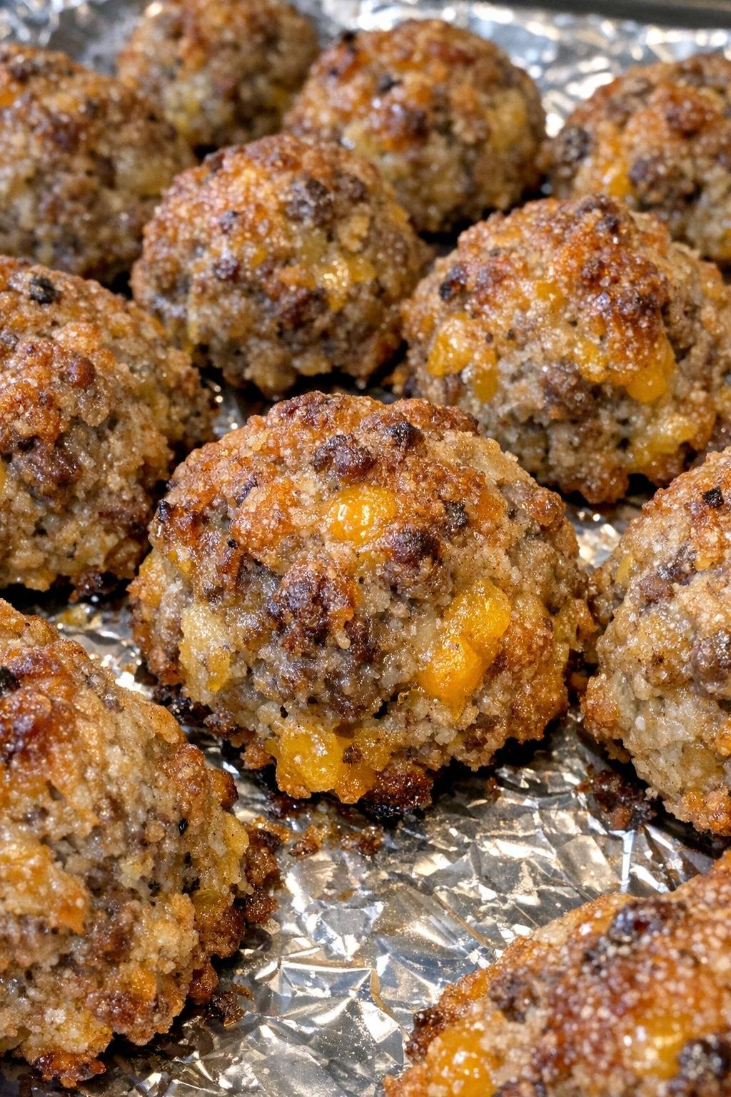 Oven baked beef sausage balls on a foil-lined baking sheet