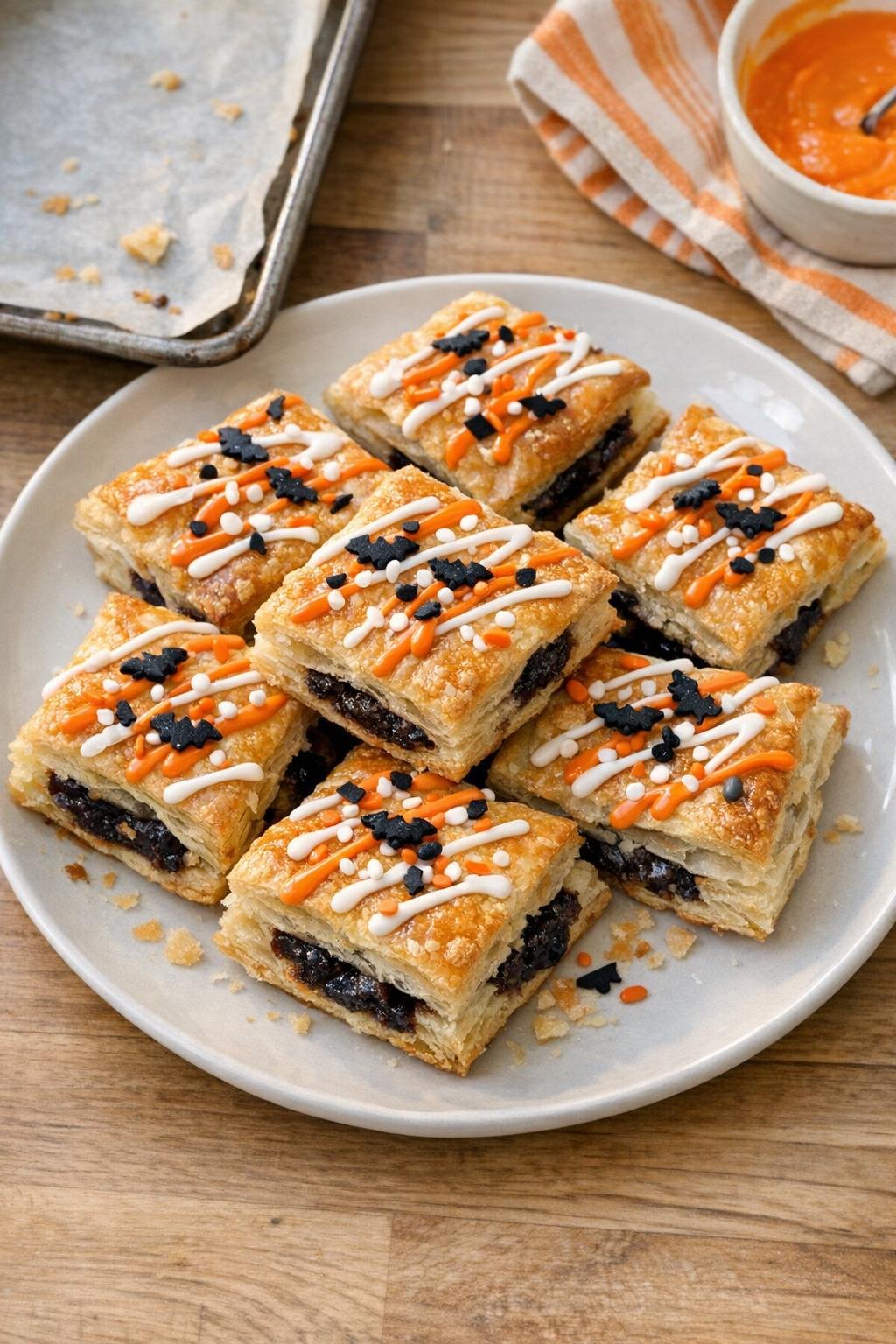 Finished Halloween puff pastry dessert on a platter