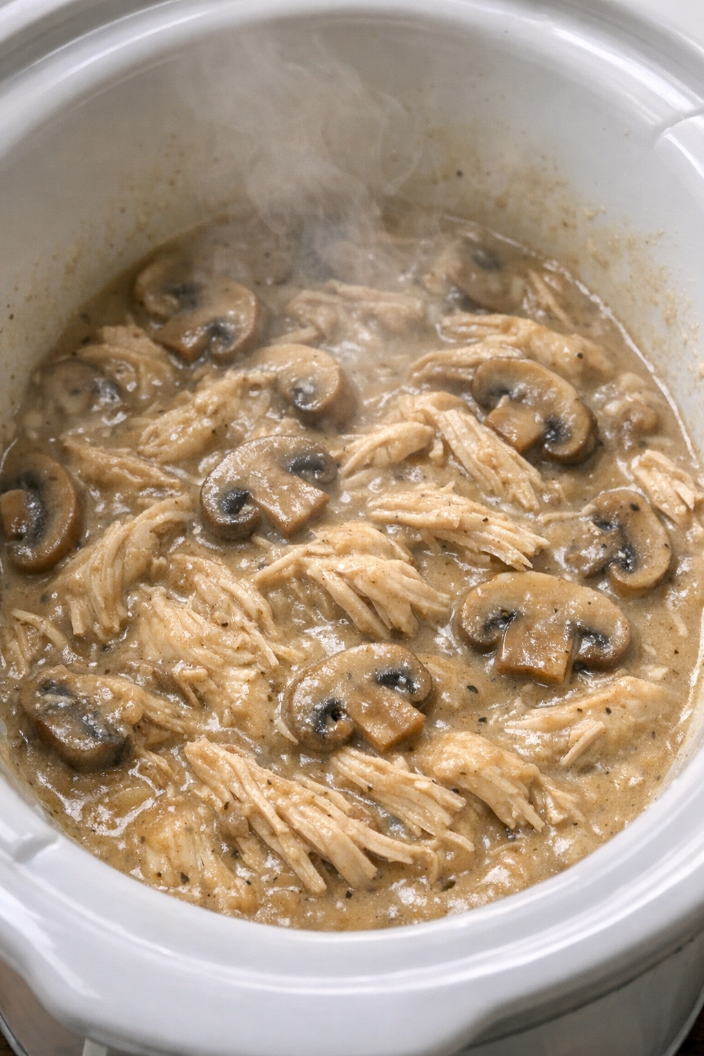 Slow cooker creamy mushroom chicken in a white slow cooker