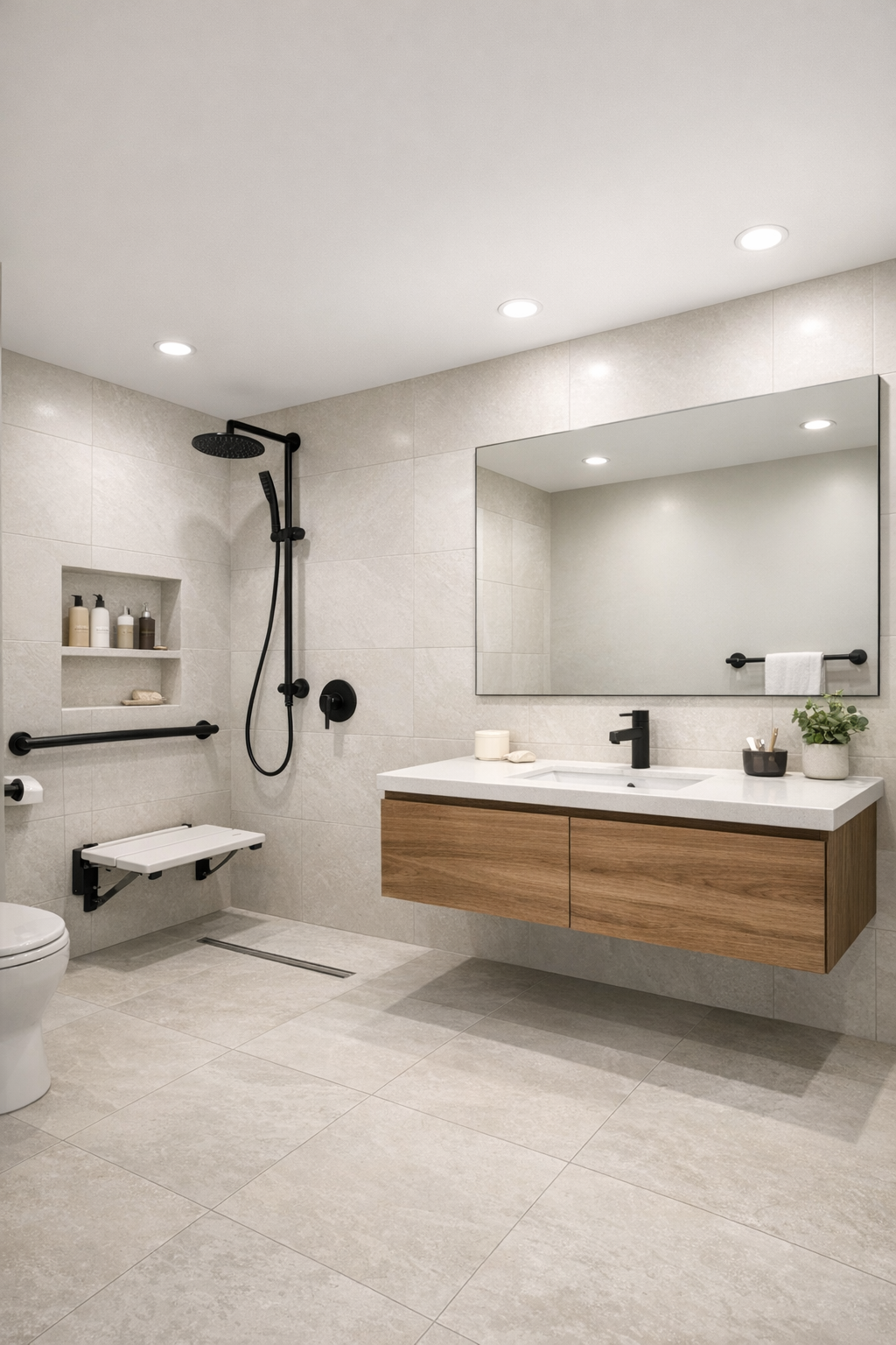 Modern accessible tiny home bathroom with curbless shower and floating vanity