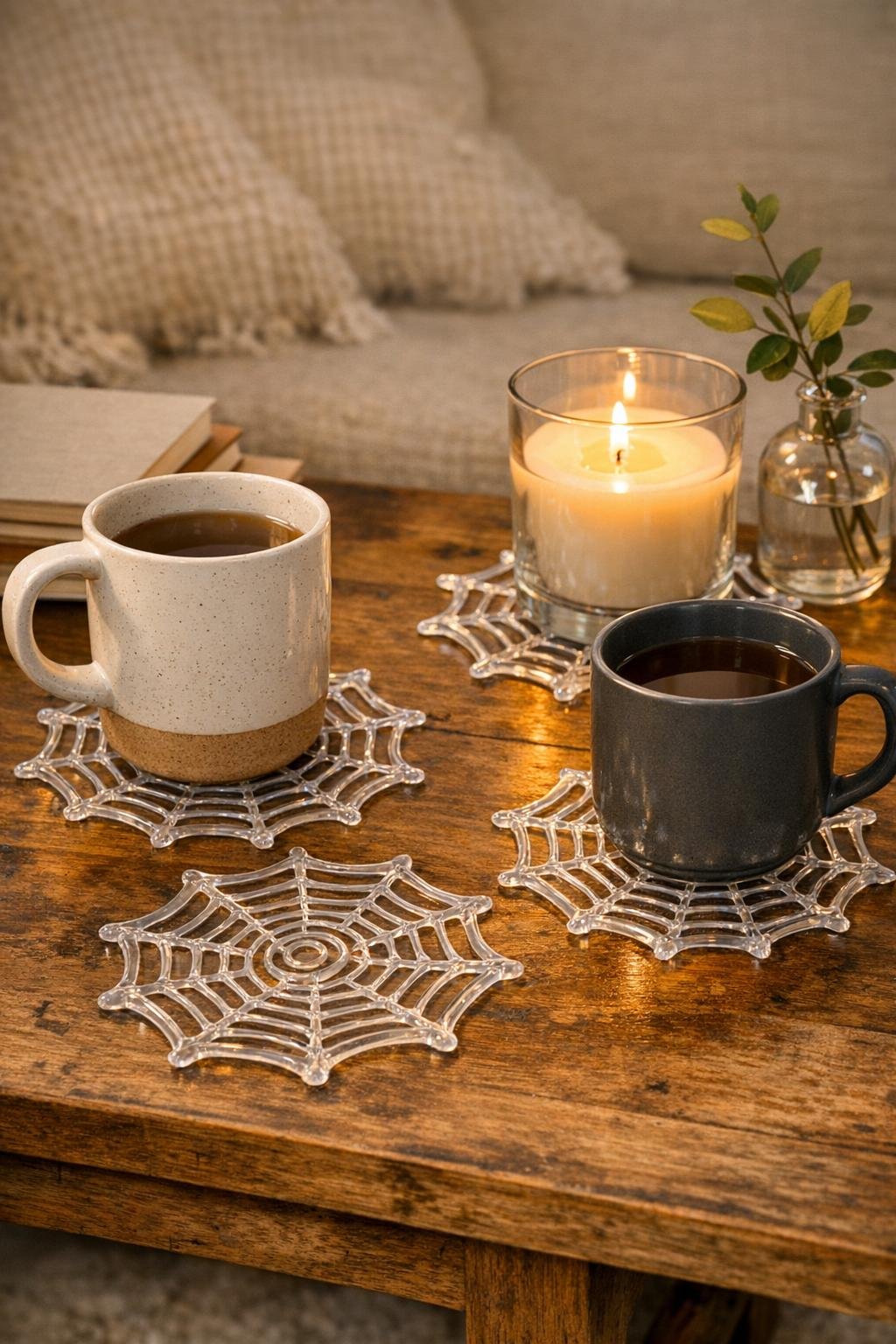 Finished glue gun cobweb coasters styled on a coffee table