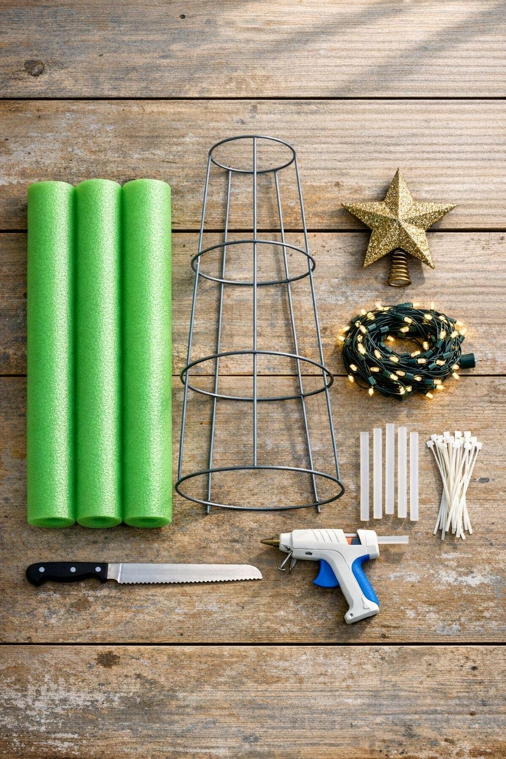Materials for a pool noodle porch tree laid out together