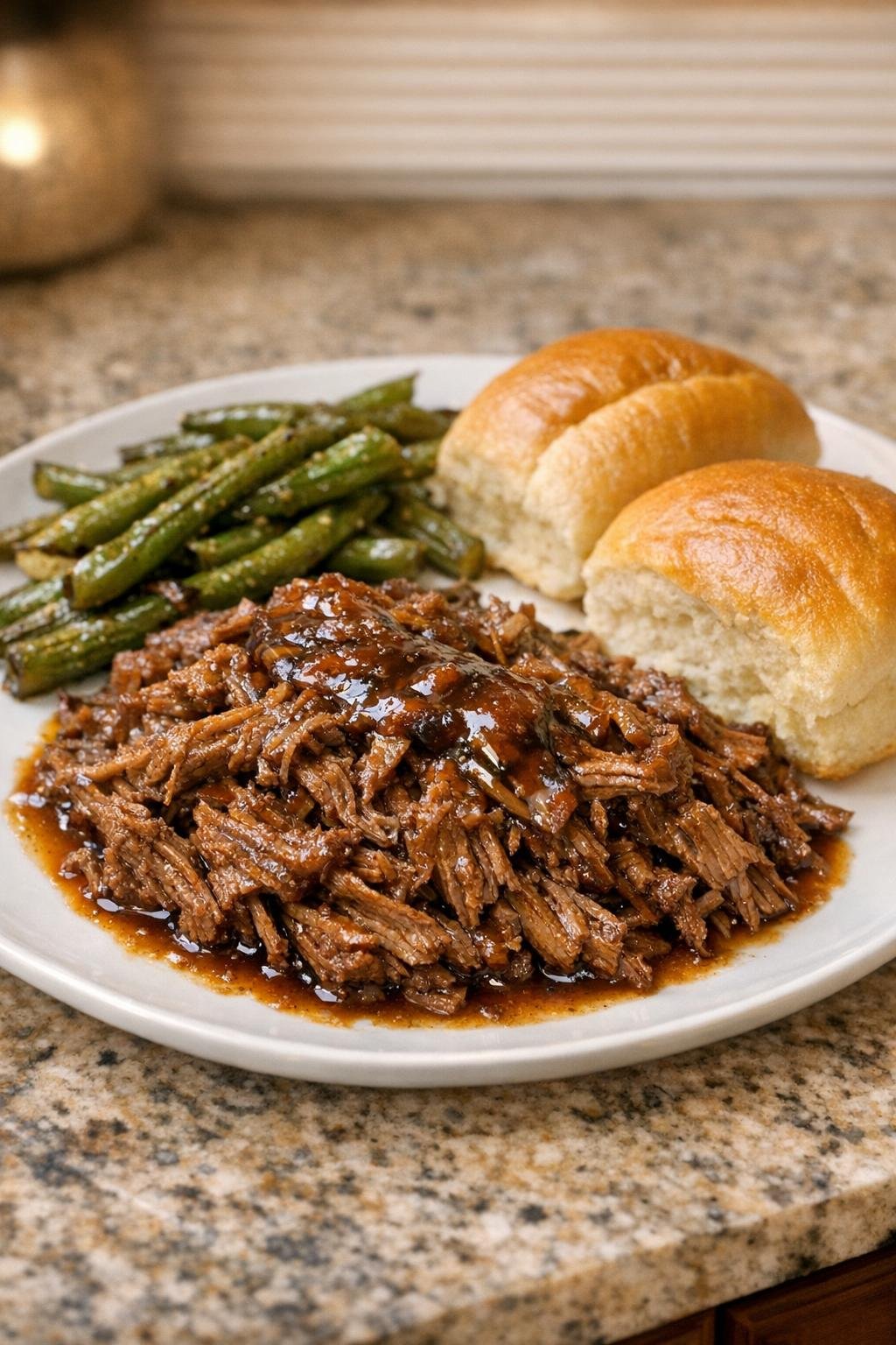 Finished plated shredded beef with rich sauce
