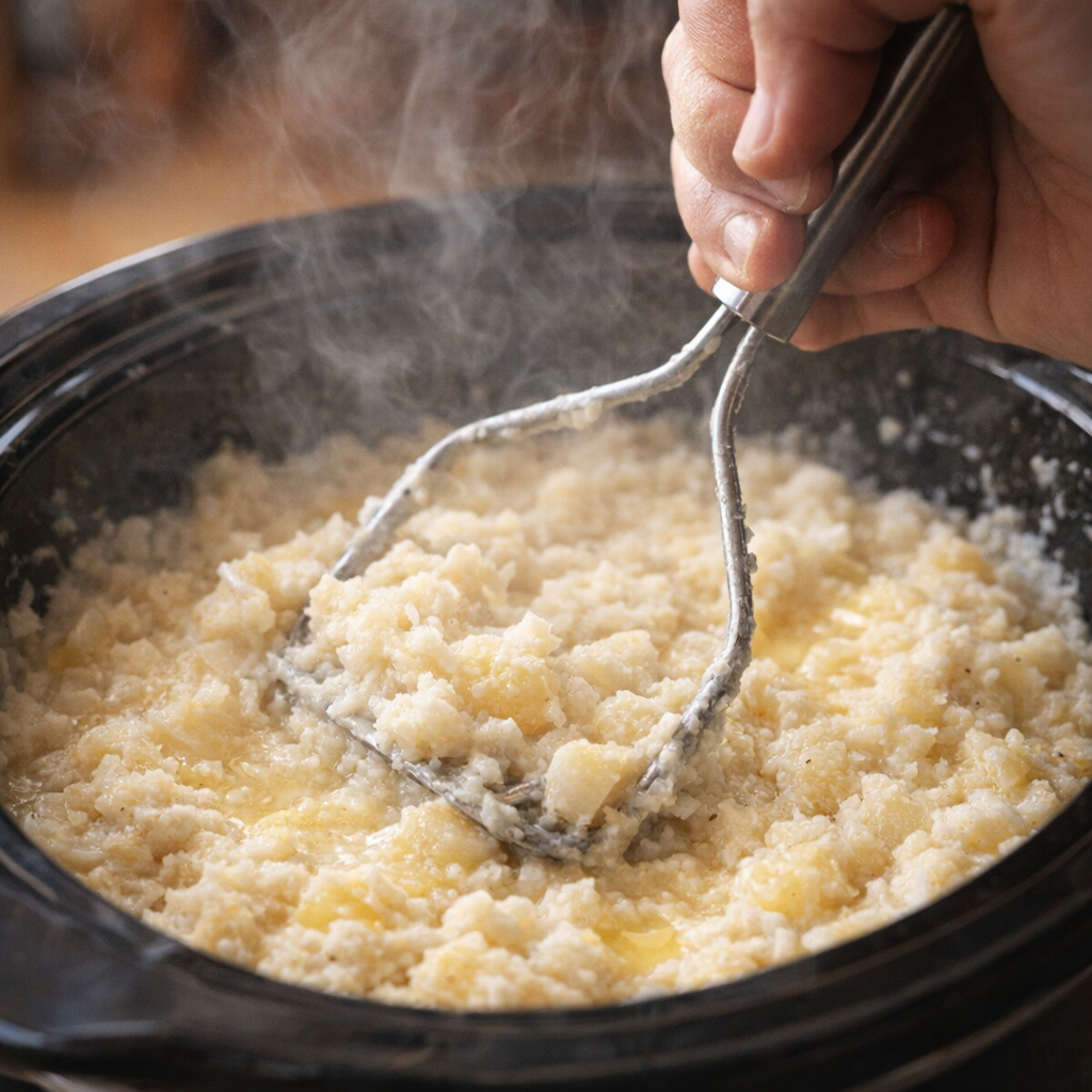 Potato masher working through tender vegetables in the slow cooker