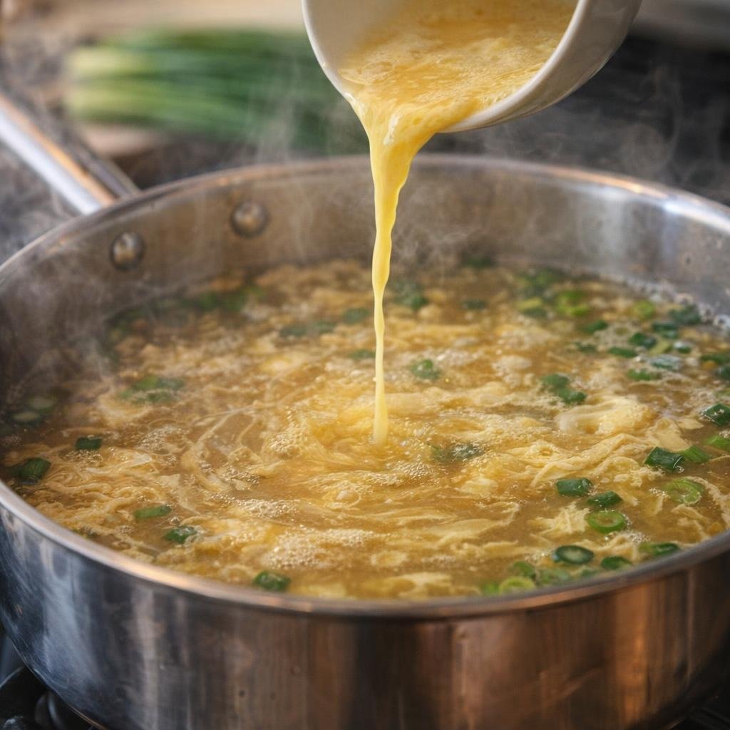 Egg being drizzled into simmering broth