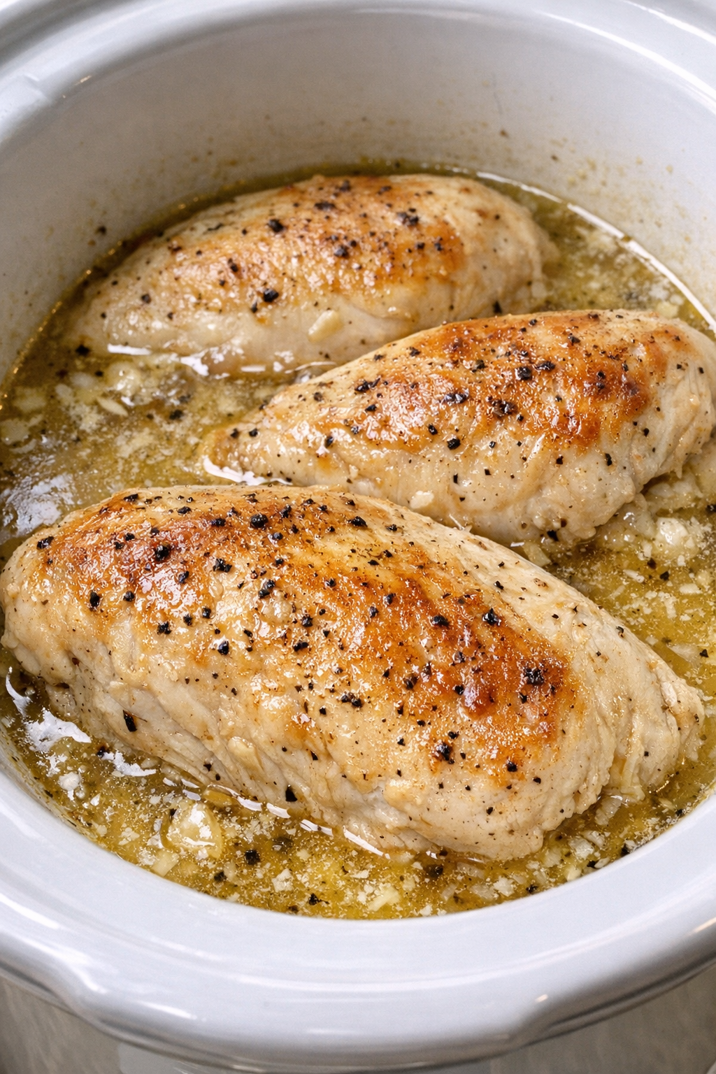 Slow cooker Amish Sunday chicken in a white slow cooker