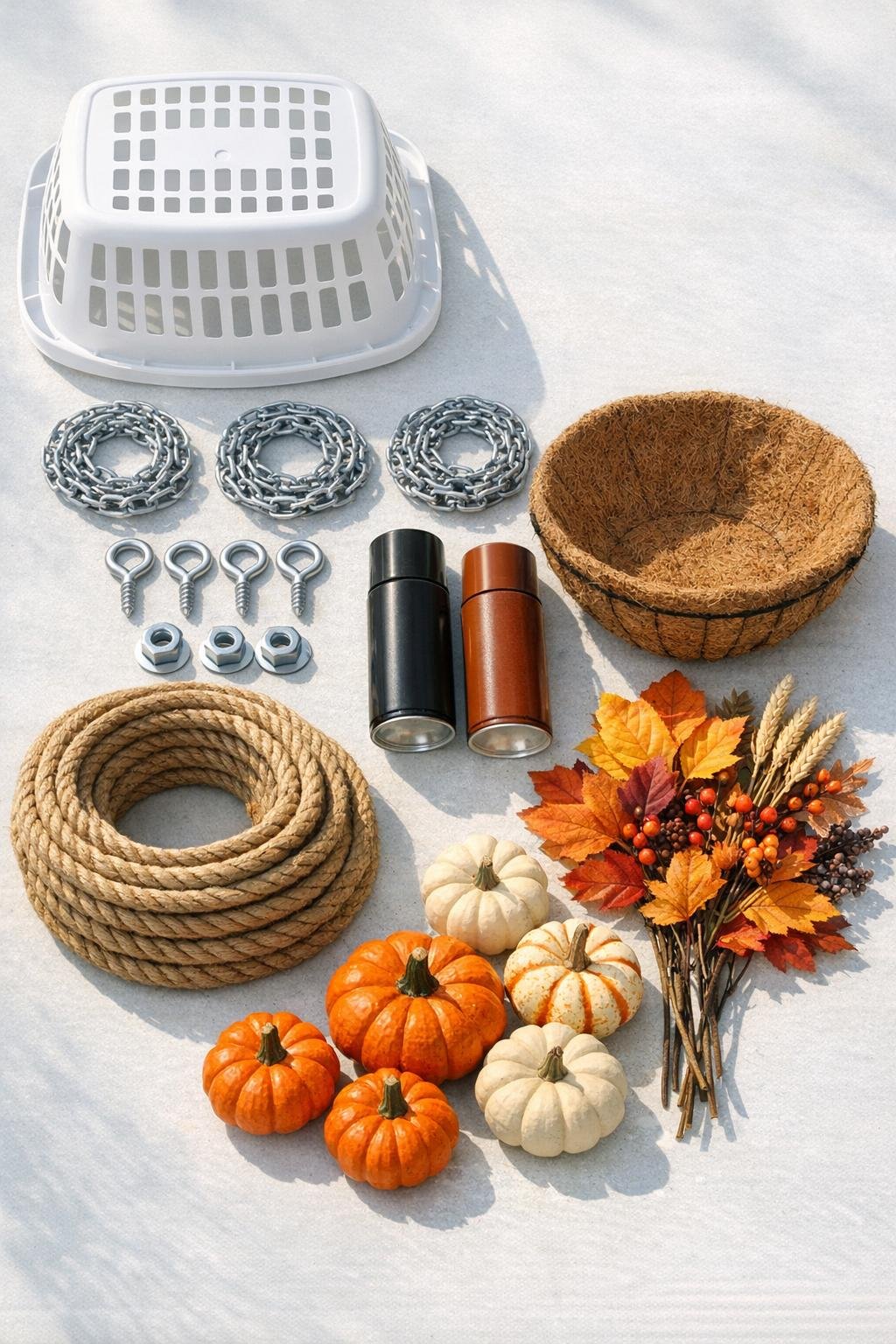 Materials for making a harvest porch planter from a flipped plastic laundry basket