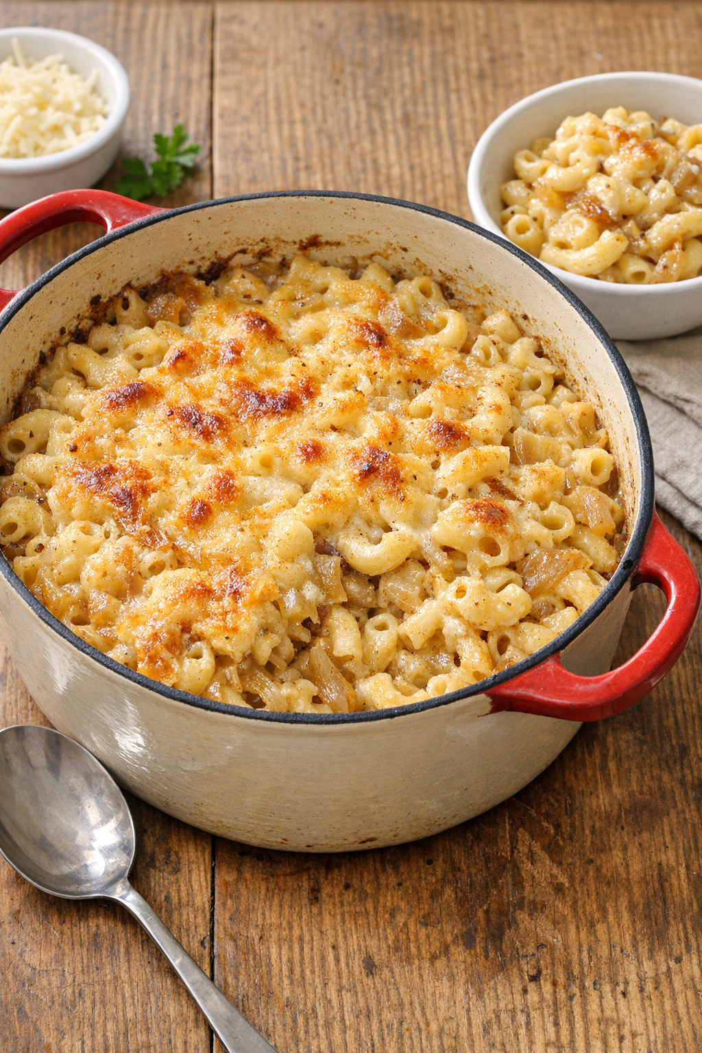 Finished baked French onion soup macaroni in a Dutch oven