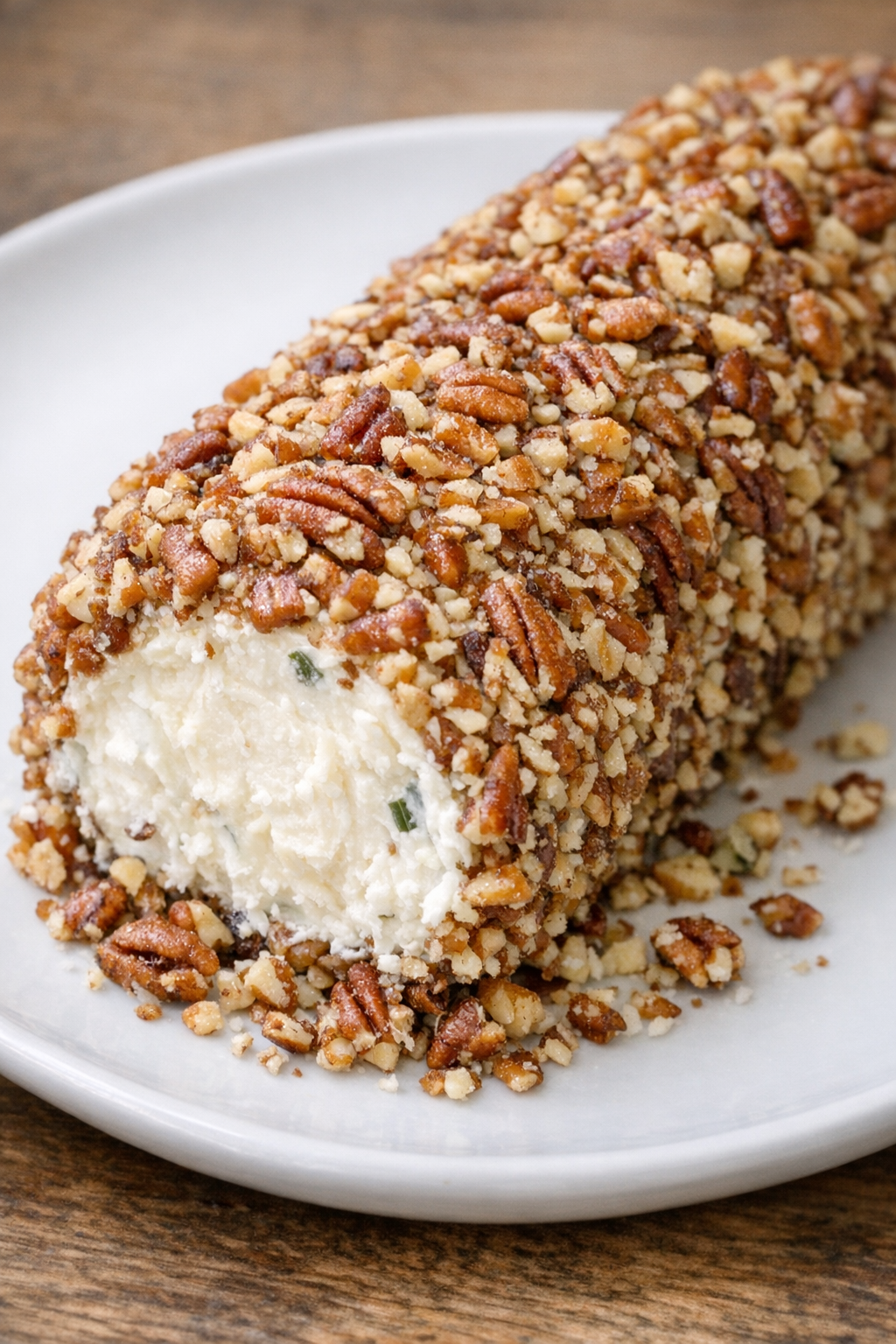 Southern 4-ingredient pecan cheese log on a white ceramic plate