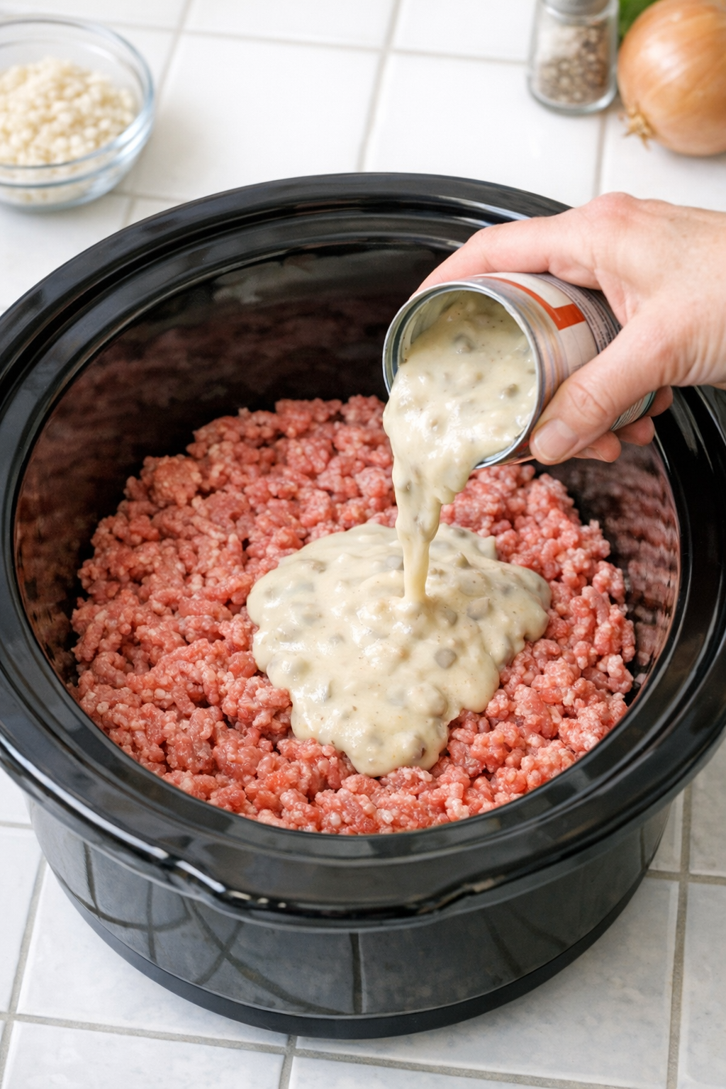 Raw ground beef spread in the bottom of a slow cooker