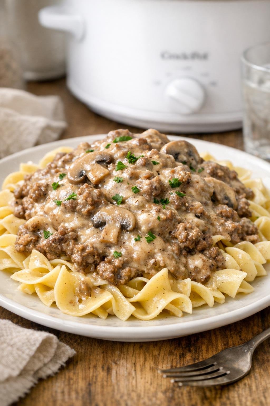 Finished plated ground beef stroganoff over egg noodles