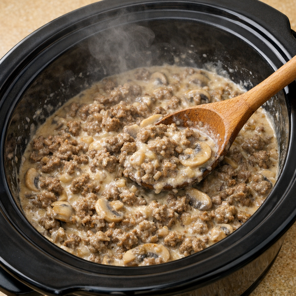 Cooked beef and creamy sauce stirred together in the slow cooker
