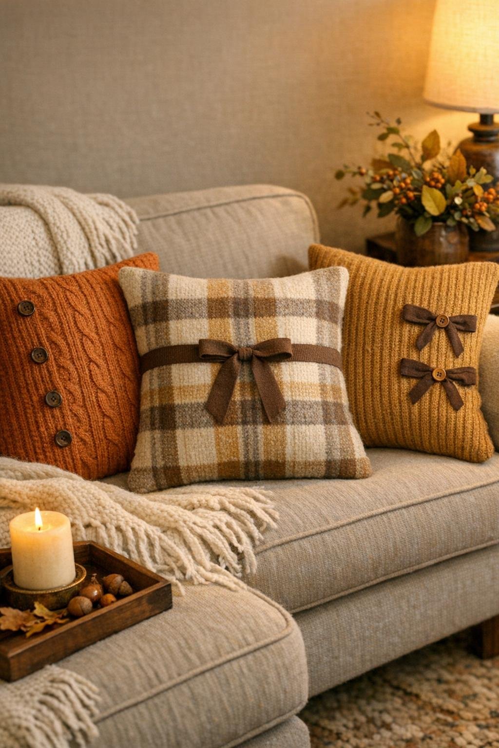 Finished autumn throw pillow covers made from old wool sweaters styled on a sofa
