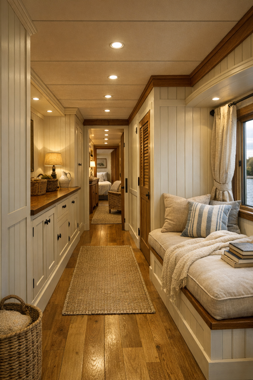 Bright hallway and reading nook with built-in storage in a French country houseboat interior