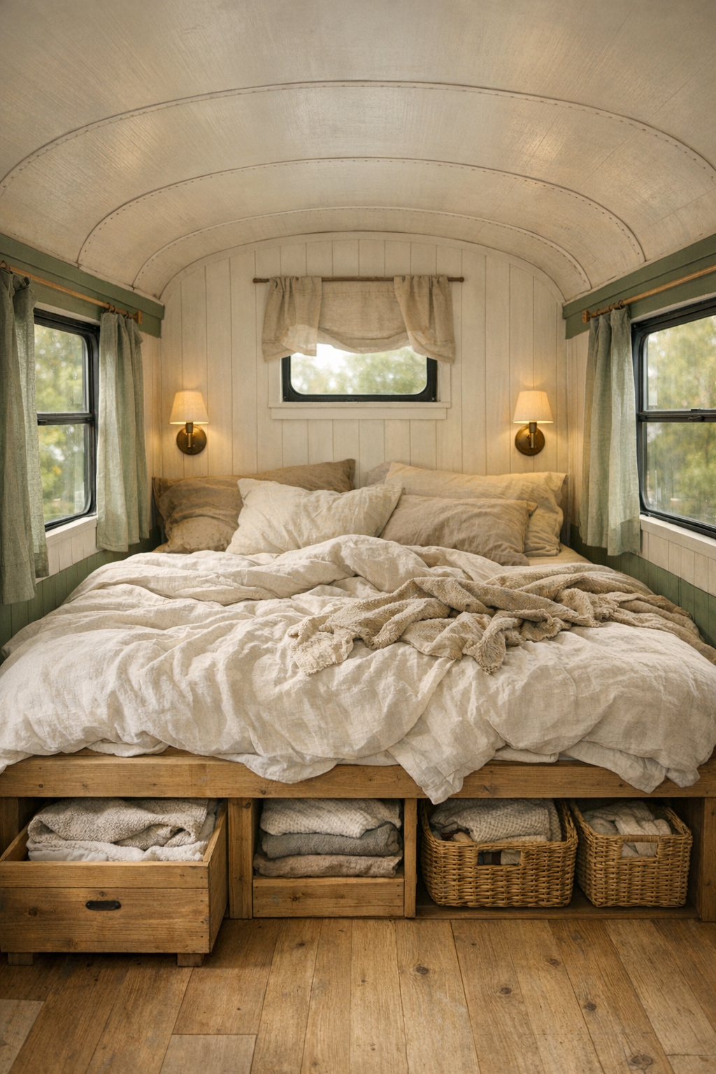 Peaceful converted bus bedroom with linen bedding, wood platform bed, and soft natural tones