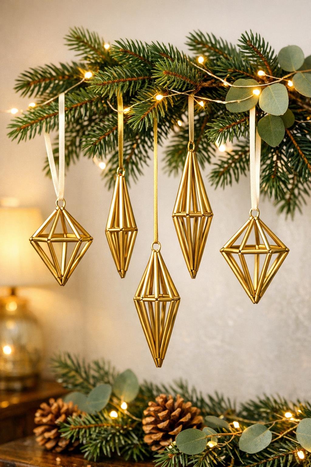 Finished gold geometric himmeli ornaments hanging on a decorated tree branch