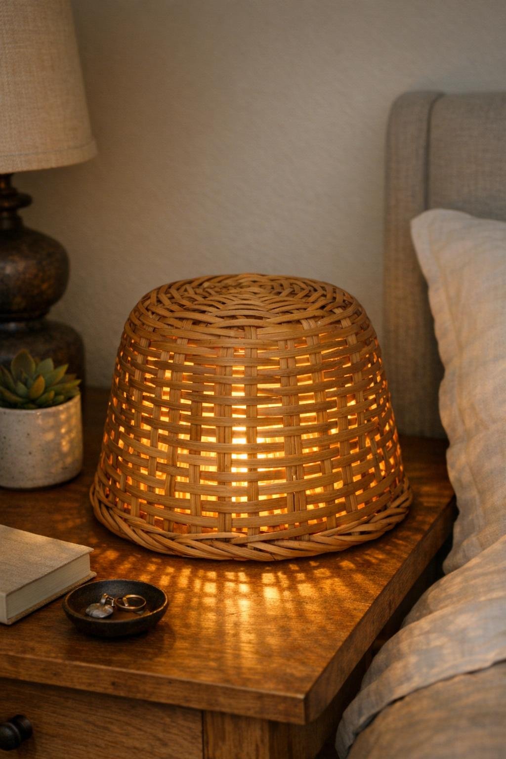 Finished DIY bedroom nightstand lamp made from an upside-down woven rattan basket with a puck light inside