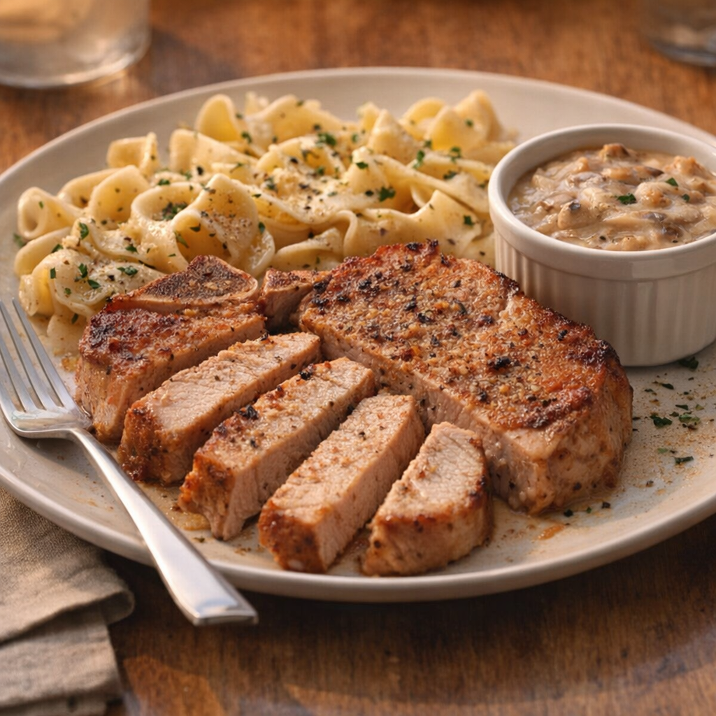 Pork chops served with sauce on the side for a family meal