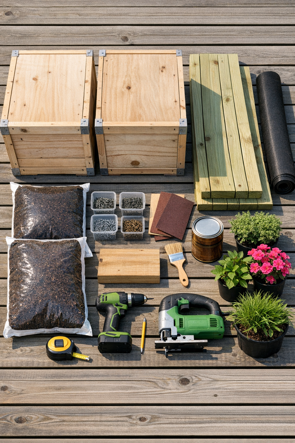 Materials for building a crate planter bench laid out on a deck