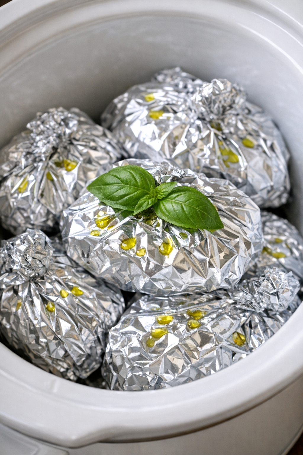 Tomato feta pasta packets in a white slow cooker