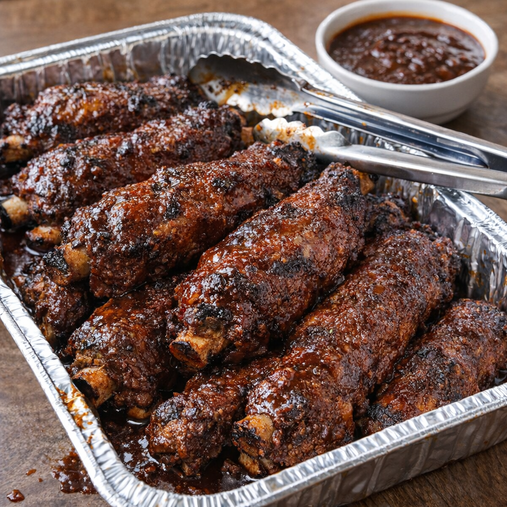 Finished BBQ ribs served family-style in a foil tray