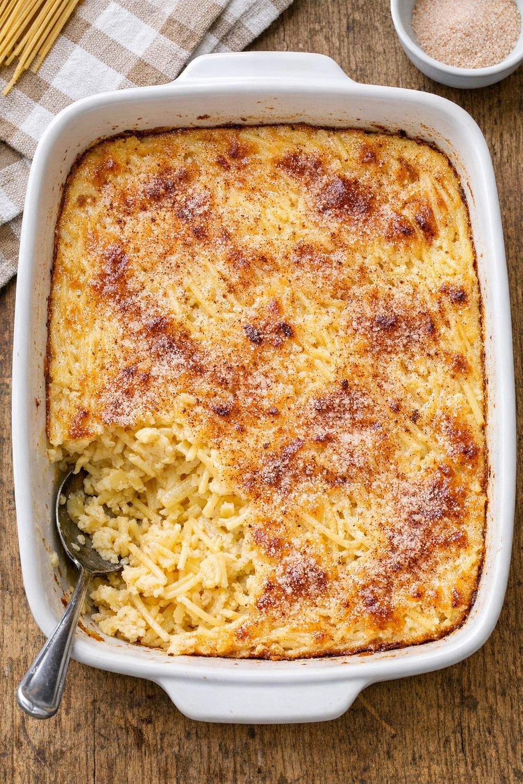 Finished baked spaghetti dessert in a casserole dish