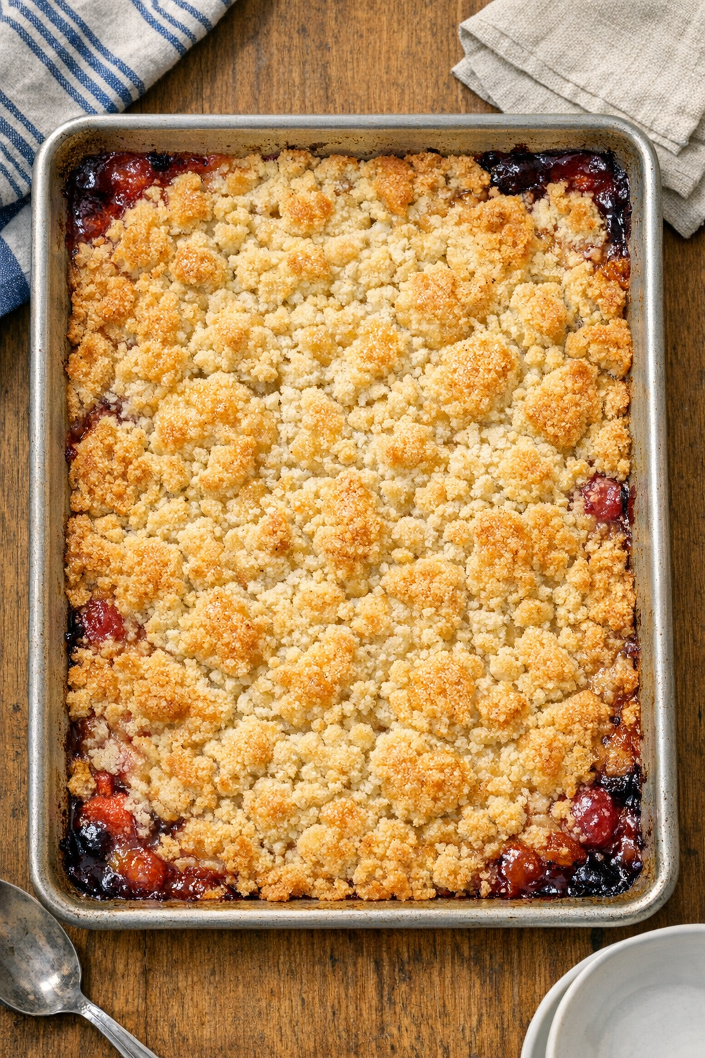 Baked summer fruit dump cake in a sheet pan