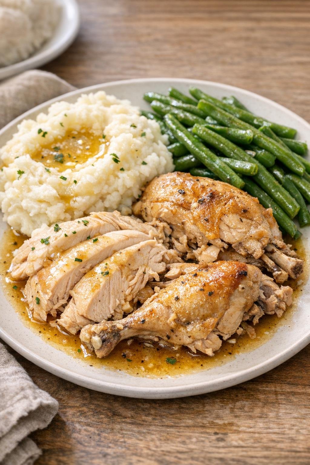 Plated slow cooker chicken with pan juices and side dishes