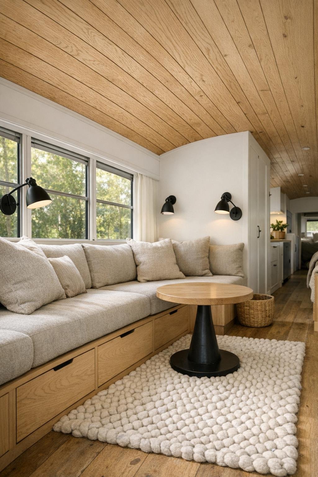 Cozy bus living room with built-in bench seating and warm wood finishes