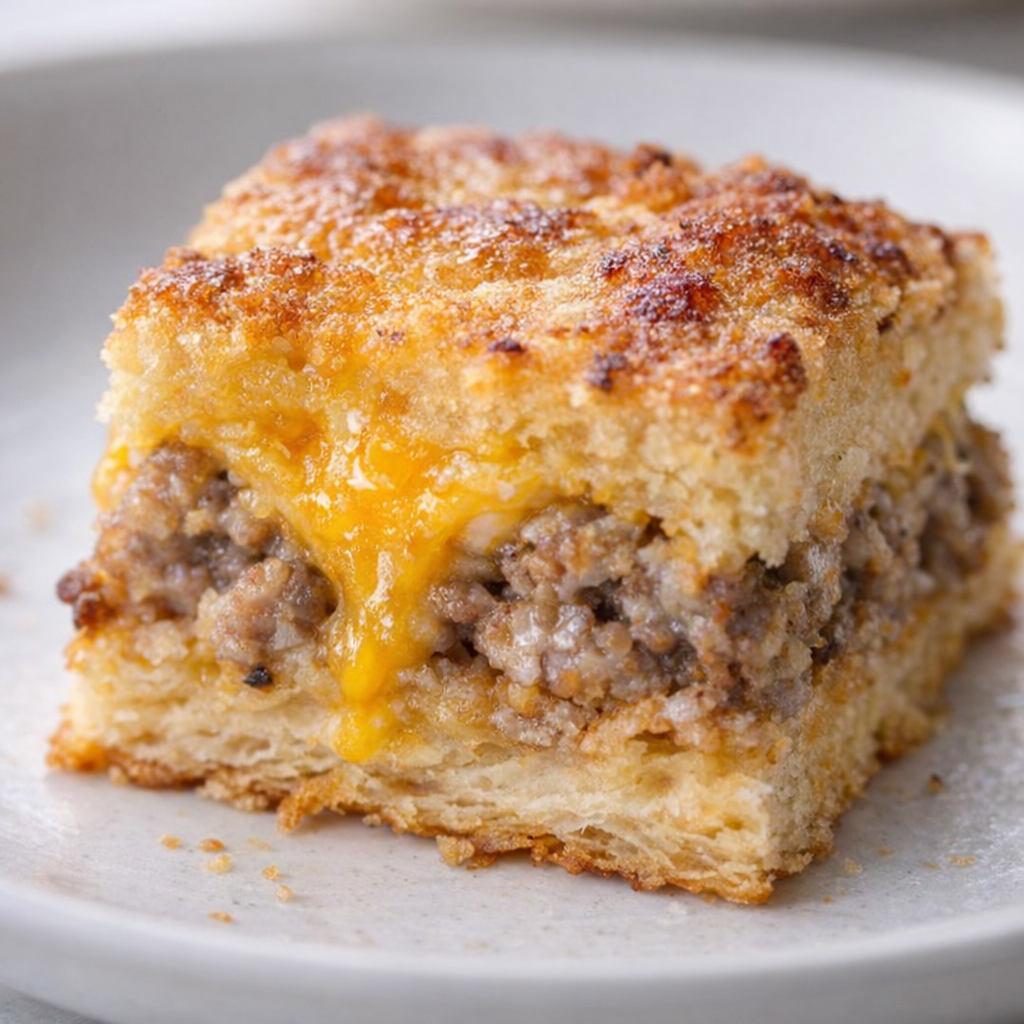 Close-up of a cut cheesy sausage square