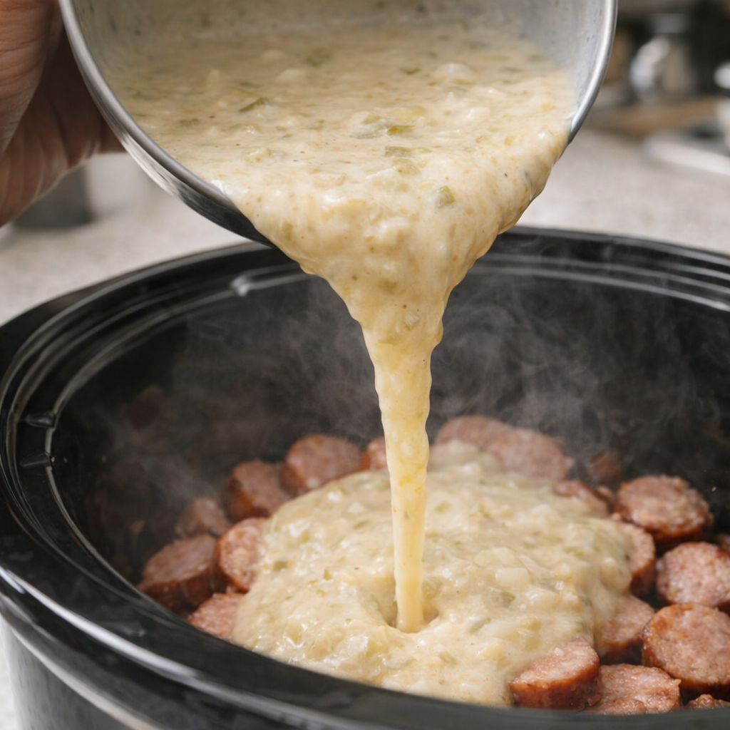 Creamy soup mixture being poured over sausage