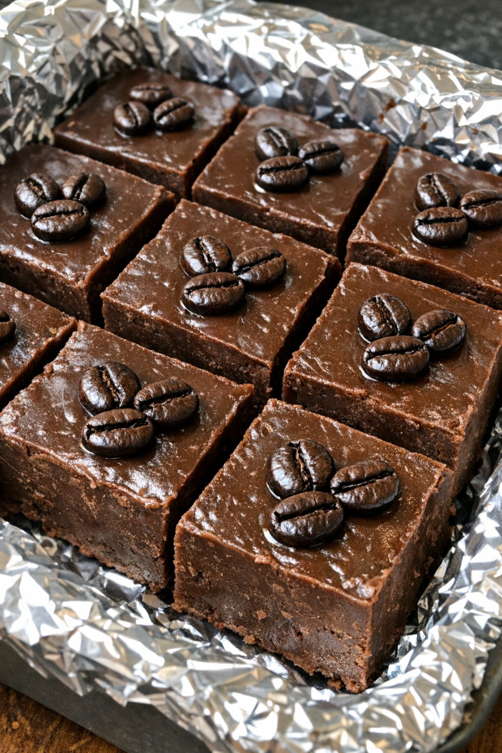 Espresso martini fudge squares in a foil-lined pan