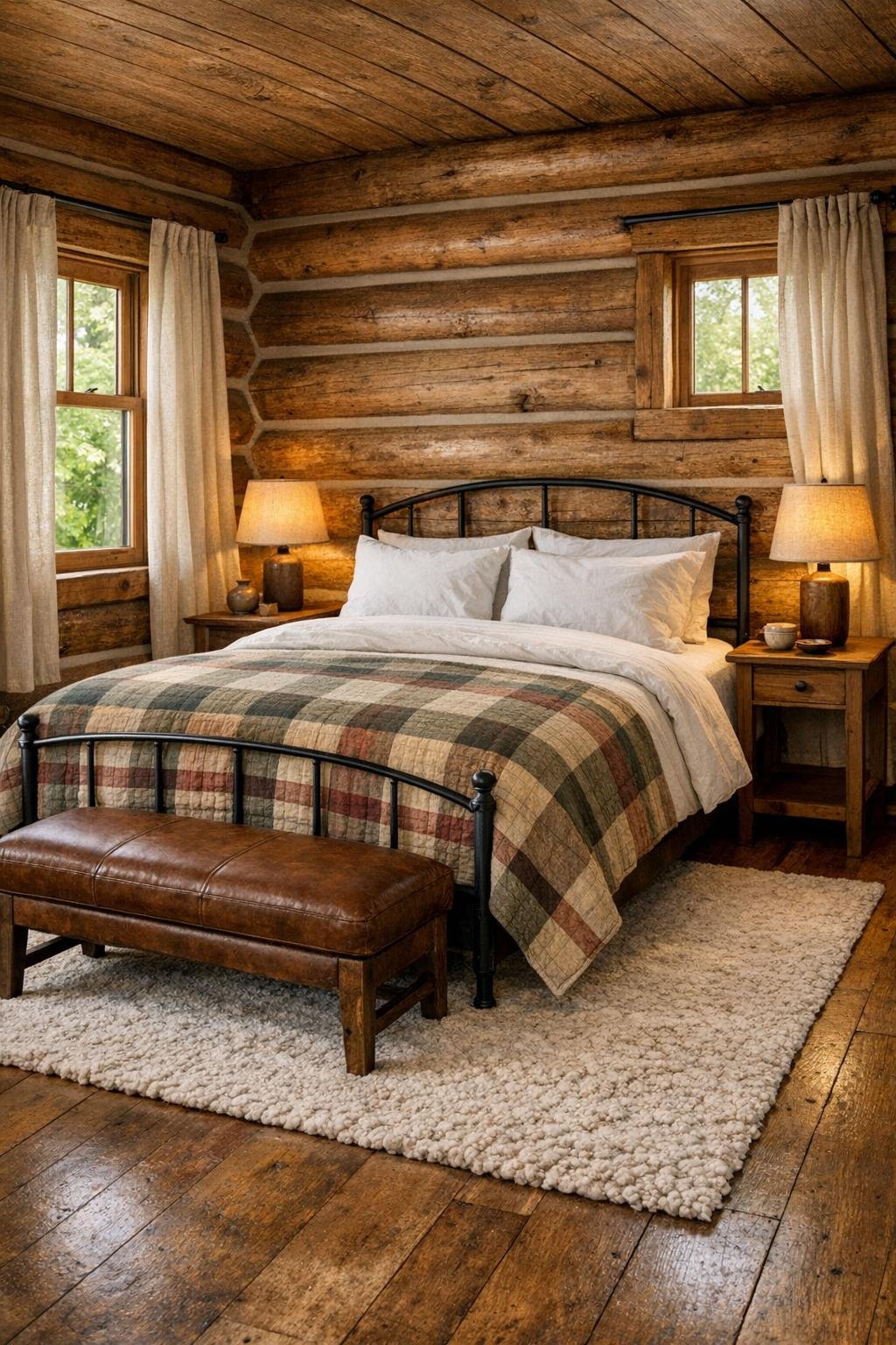 Bedroom with log walls, white bedding, plaid quilt, and soft linen curtains